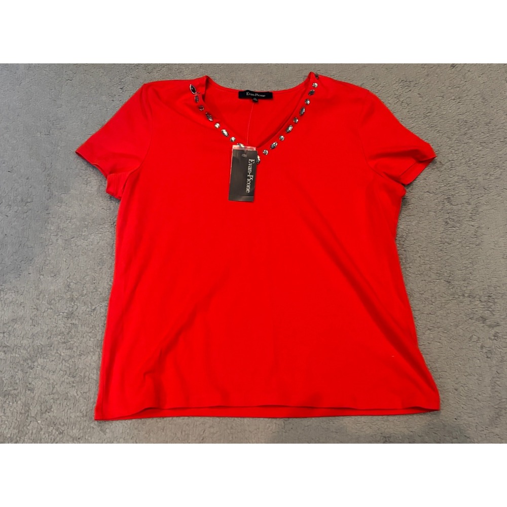 Evan Picone Womens XL Red Rhinestone V-Neck Short Sleeve Cotton Blend Top NWT